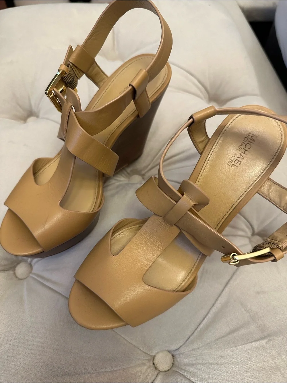 MICHAEL Michael Kors Tan Leather Platform Wedge Sandals